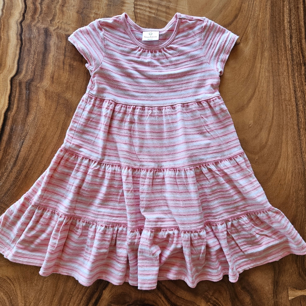 Hanna Andersson Dress Size 5 Casual Dress Pink Ivory Striped Tiered Girls 110cm
